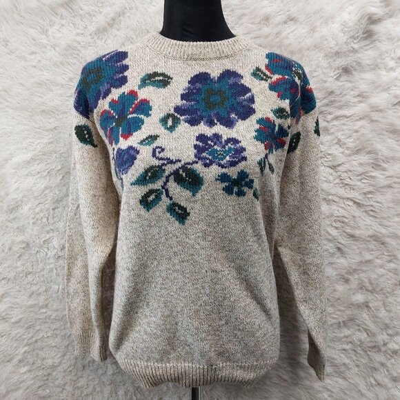 Vintage Northern Reflections Women's Gray with Blue Floral Pattern Sweater S - Picture 1 of 8